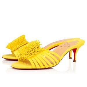 Christian Louboutin Belbrossa Yellow Suede Pompom Fringe Slip-On Kitten Heels